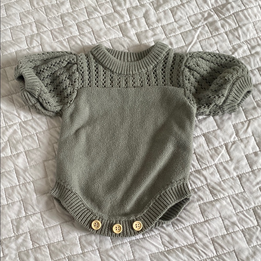 Green Knit Baby Onesie with Button Accents